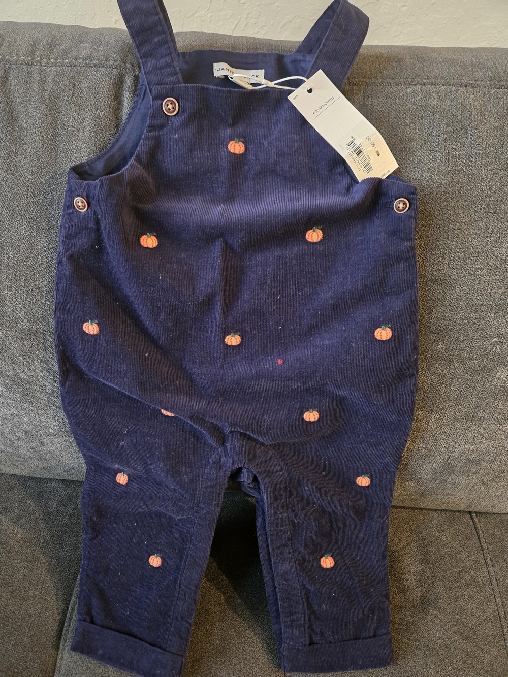 Janie and Jack Navy Corduroy Overalls with Orange Pumpkin Embroidery